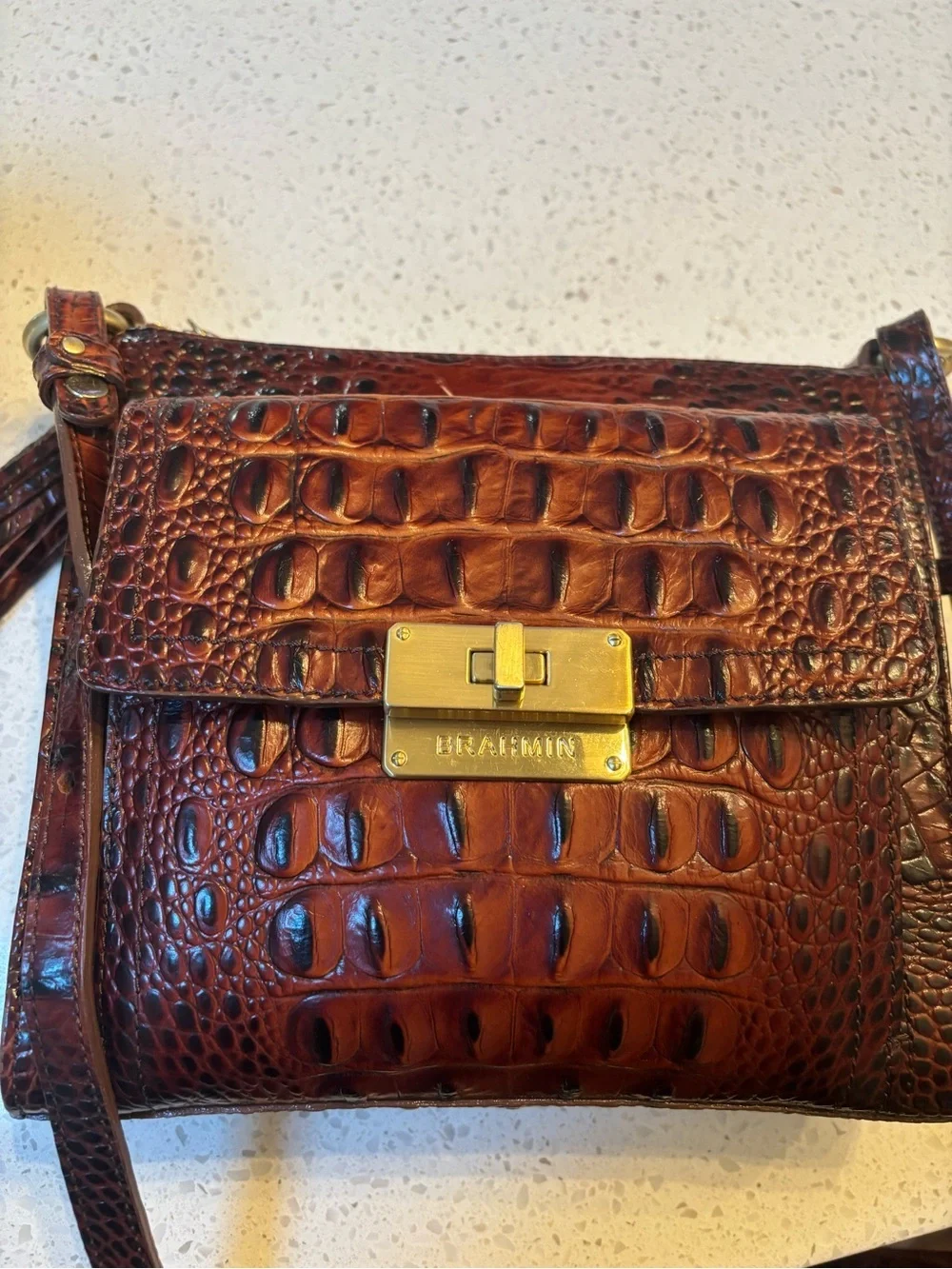 BRAHMIN Melbourne Manhattan Pecan Croc Embossed Leather Turnlock Crossbody Bag